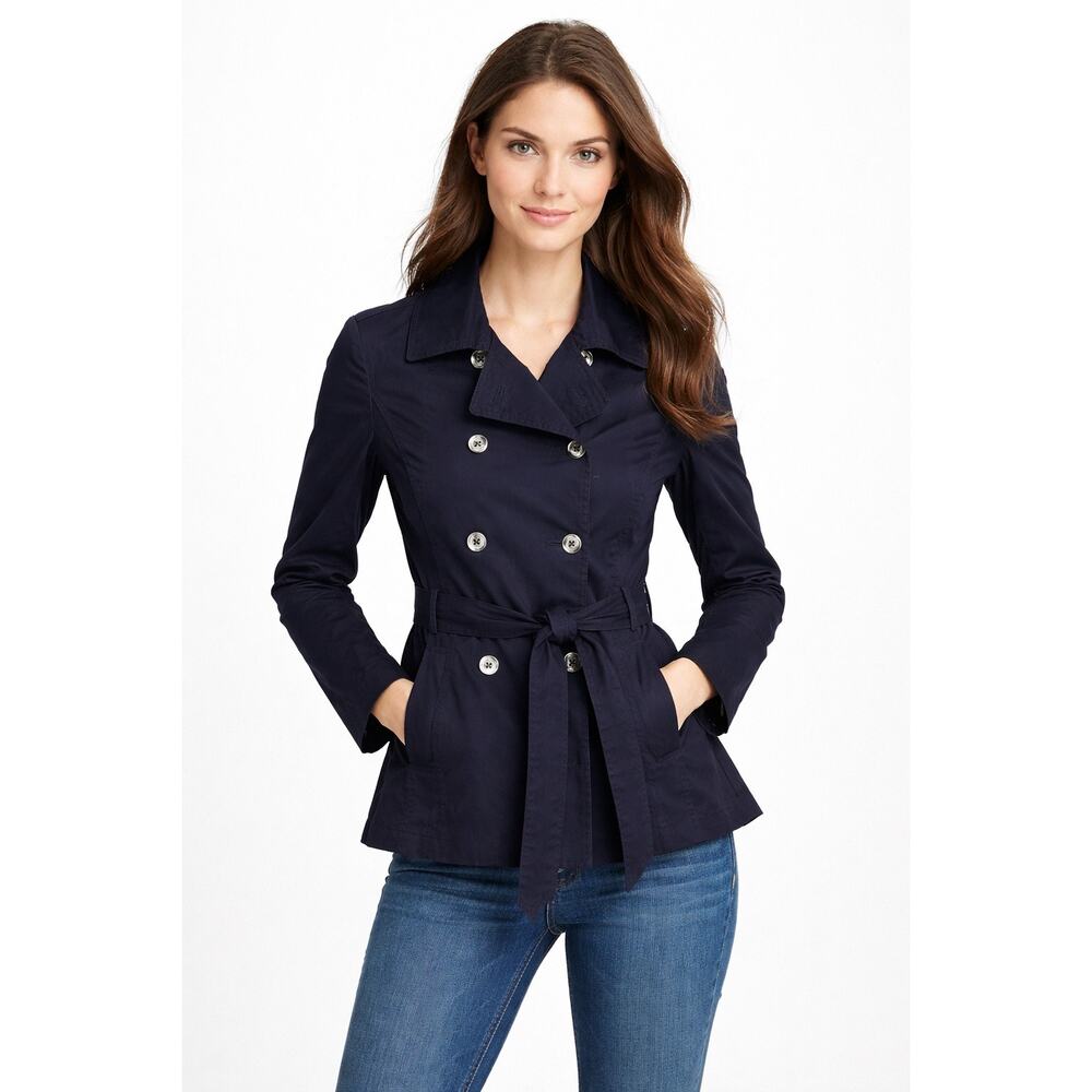 2000s Brooks Brothers Navy Belted Trench Jacket Peplum Back Pleat size 6